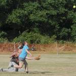 Forks Nids fielders Ken Daman and Spartan State Softball participant Aspen Rondeau run for a fly ball which was caught by Daman in a leaping catch as the Nids defeated the Red Dogs of Lady Smith, Vancouver Canada.