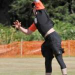 USCG Station Quillayute short Stop Nick Long makes a one-handed catch as the USCG was defeated by the Lady Smith Red Dogs of Vancouver Canada Saturday during the Quileute Days Adult Softball Tournament.