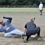 Jonathan Whitehead of Whiteheads Auto Parts was out at third as he attempted to stretch a double into a triple Saturday. Whiteheads was defeated by Slung Down 10-0.