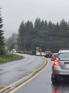 Vehicles coming into Forks on Saturday afternoon found this back-up, with the same scene repeated for those leaving town. An accident near the Forks sign and Calawah Park entrance had traffic at a standstill. Photo Suzanne Davis
