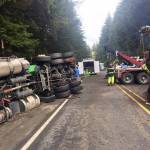 The State Patrol identified the driver of a semi-truck that overturned with a propane tank south of Forks on Monday, Oct 21, as James Allen Champion age 62, of Yelm. He sustained minor injuries in the 7:43 p.m. crash on U.S. Highway 101 near Fuhrman Road. Champion was traveling northbound when the truck and trailer he was driving left the roadway to the right and came to a rest on its side in a ditch near milepost 186, according to a State Patrol collision memo. WSP photo
