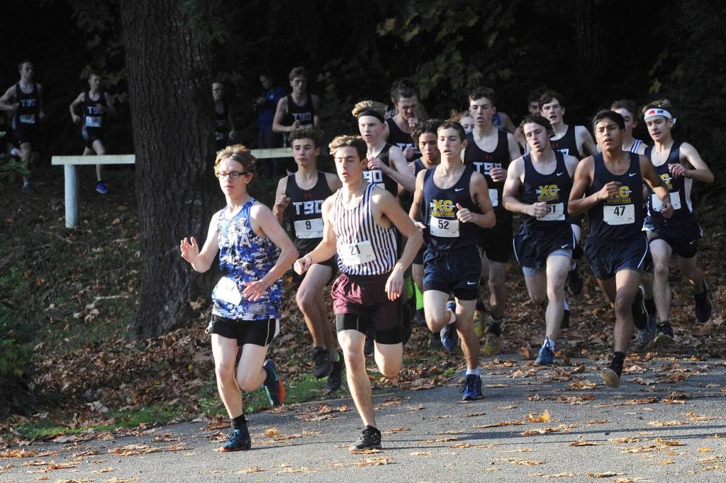 The Forks mens cross country team is shown here during the 1A Evergreen League championships held at Lake Sylvia. Pictured amongst competitors are from left center, William Perez, Ashton Doyle (52), Colton Duncan (51), Wesley Camacho 47, and Matthew Larson (headband). Placing the highest for Forks were Camacho 3rd and Larson 8th. Duncan was 11th while Perez placed 12th and Doyle 30th. Photo by Lonnie Archibald