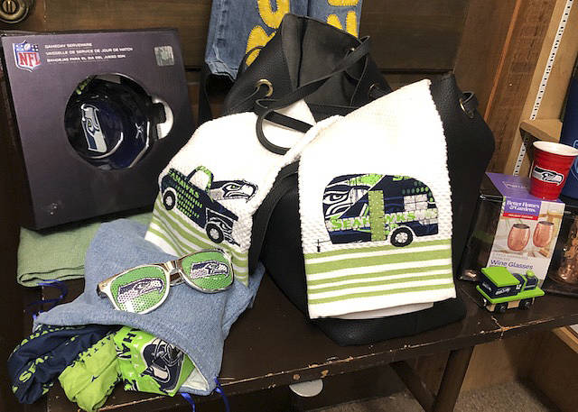 Tote of Seahawks items.