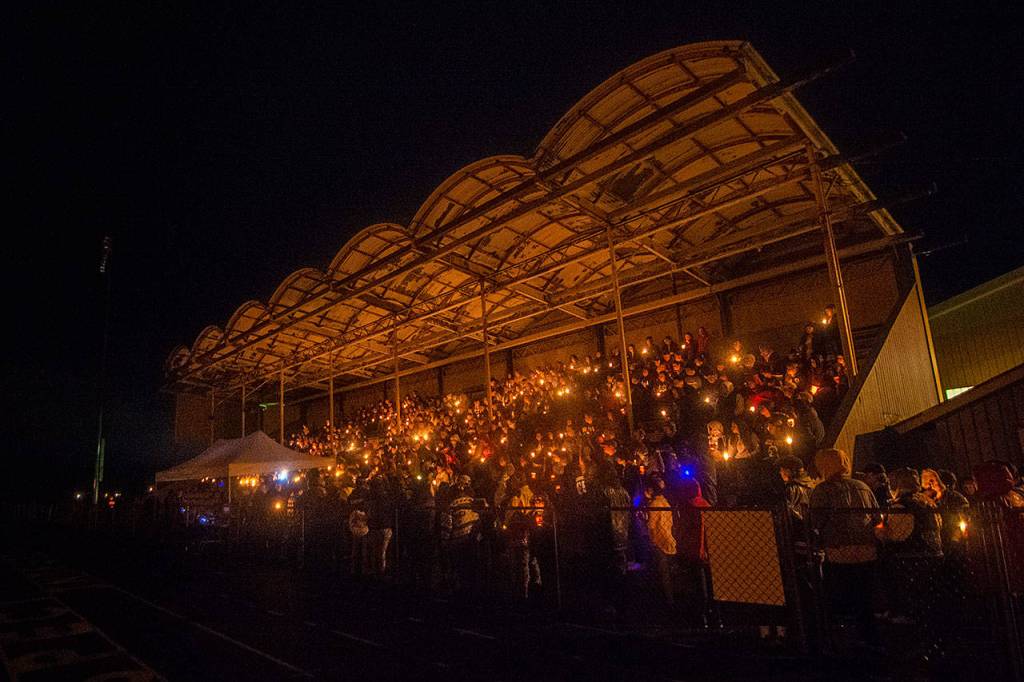 Hundreds gathered at Spartan Stadium in Forks to mourn Tristen Pisani on Thursday. (Jesse Major/Peninsula Daily News)