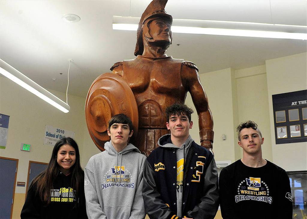 Spartans who won the 1A Southwest District 4 championships and went on to state are from left Karen Ensastegui who won one out of three at state having to compete with all classifications, Jake Weakley placed 4th, Hayden Queen placed 5th, and Colton Duncan placed 5th. Also placing were Ariel Morales 5th and Hayden Baker 3rd. Also competing at State but not pictured were Conner Demorest, Dalton Kilmer, Andres Delacruz, Luis Perez, and Annhelica Wells. Making the trip as an alternate was Hector Dominguez. Forks as a team placed 7th in the 1A classification at State competition in the Tacoma Dome February 21-22. Forks will compete in the 2B classification next season. Photo by Lonnie Archibald