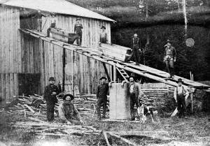 The Whittier Hop house once stood on the east side of what is now Forks Avenue, and the location has been identified as somewhere between the Forks Motel and the Forks Transit Center. Mr. Whittier is seen here, in the photo, next to the dog. Whittiers arm is up on the bale of hops. Photo Forks Forum Archives