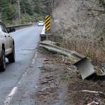 The guardrail at the southern approach to the Hoh River bridge on highway 101 was taken out as the vehicle went airborne approximately three fourth of the way across the river before ending up on its wheels a ways off shore.