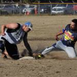NADS runner Mike Estrada was out on a close call at second base as Hit For Brains second baseman Travis Weitz made the tag.