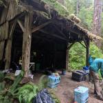 PNTA crew members stage equipment dropped off by volunteer packers at the Fifteen Mile Shelter along the PNT in Olympic National Park.