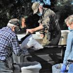 Wayne Haag (center) hands fish fillets over to Glenn King and Terri Rasmussen with the Forks Food Bank. The Masons also received fish for their distribution as did several individual families. On this day 160 Coho were processed by PCSC volunteers.
