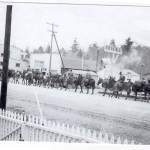 Army Mule Train passes through Clallam Bay on its way east (April 1942). Details about this event are sketchy, since military authorities prohibited photographing the activity; all pictures were contraband. The army later denied that the event ever happened. (Brow family photo)