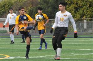 Spartan Jesus Garcia-Dominguez who scored four goals against Eatonville which Forks defeated 6 to 3 Friday, April 1 was getting his kicks against Winlock who Forks defeated 2 to 0 Saturday, April 2 at Spartan Stadium. Looking on is Arturo Dominguez-Gomez. Photos by Lonnie Archibald
