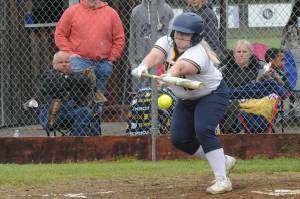 Spartan Nicole Winger bunts during a doubleheader played Tuesday, May 3 at the Fred Orr Memorial Park in Beaver. Forks took both games 17 to 0 and 28 to 0 against Chief Leschi of Puyallup. Photos by Lonnie Archibald