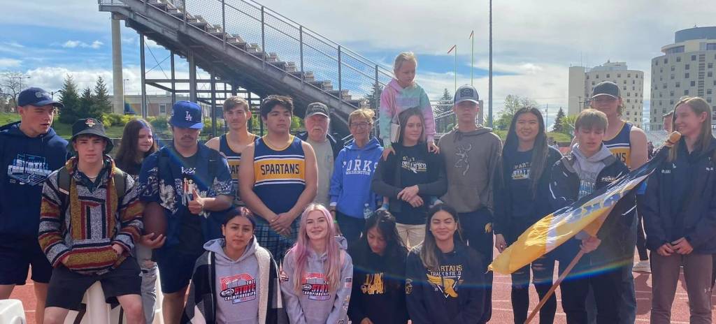 All the Spartans together for a photo. Track and Field Coach Pam Gale said,  There were lots of succeses for the Spartans this year. After two years of no State - What a great season!