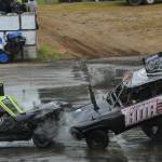 One car was forced upon a barrier Monday afternoon at the Tillicum Park Arena during the annual Demo Derby. Photo by Lonnie Archibald