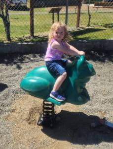 Public Works employee Kaleb Blantons little sister Aamanda was the first to test out the new Frog Spring Rider! Submitted photo