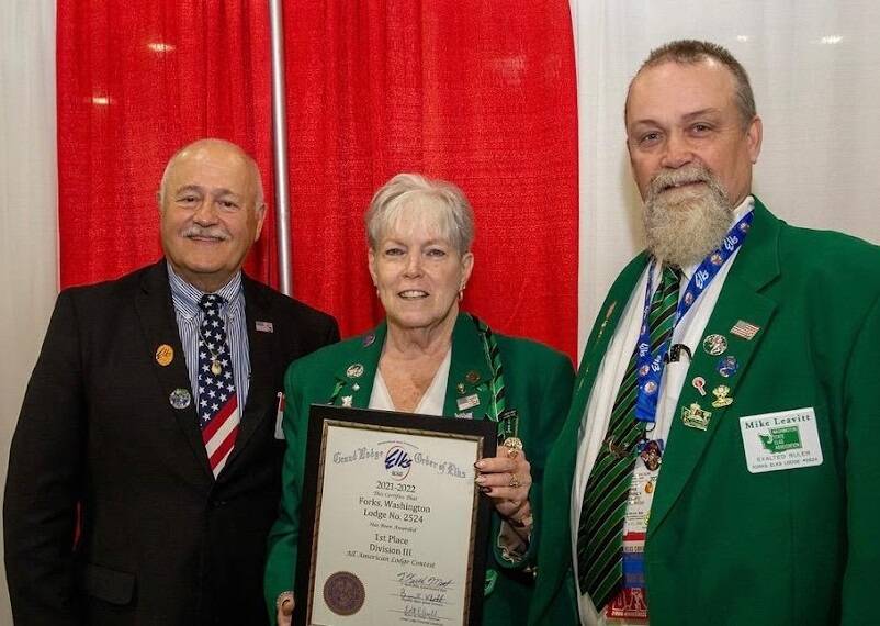 (L-R) Area 8 Grand Lodge Fraternal Trustee William Bim Lindsey, with Lynne Barnes, PER and Mike Leavitt, ER Forks Elks Lodge #2524. Submitted Photo