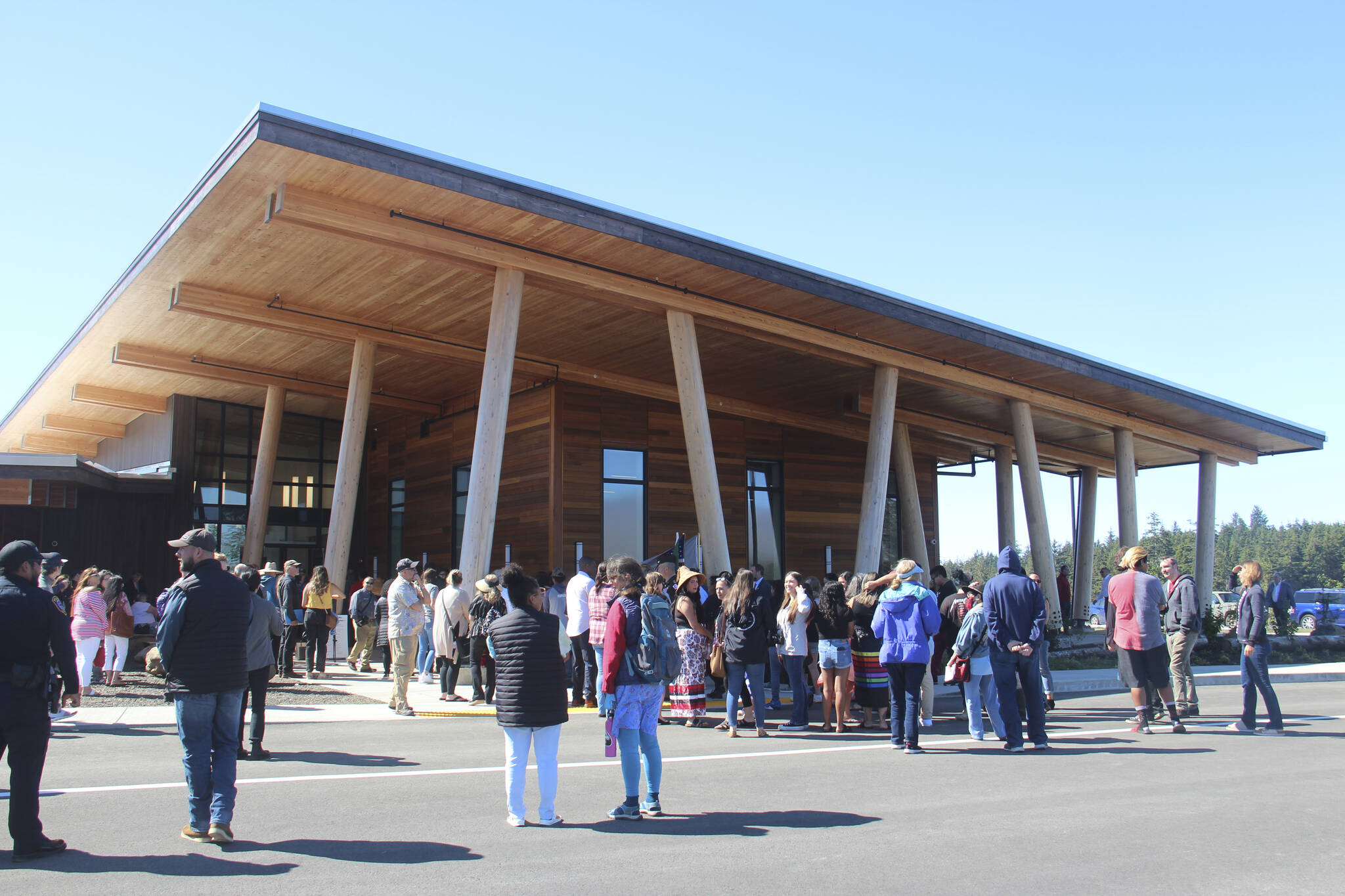 The fog stays at bay along the tree line as Quileute Tribal School Blessing attendees file into the school to take a tour of the new facility at La Push.
