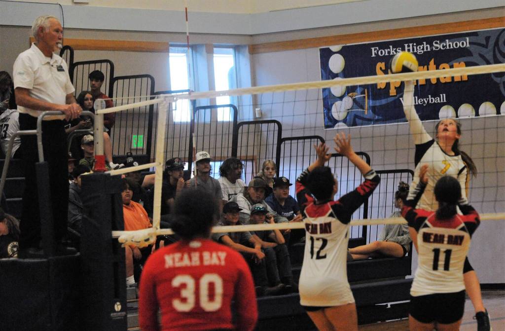 In JV action Spartan Reagan Dunn (7) hits against the Red Devils while official Randy Rooney looks on.