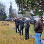 Pastor Warren Johnson started and ended the ceremony with a prayer. Greta Christianson, with the Micheal Trebert Chapter of DAR, spoke about wreaths across America. Members of the Forks American Legion offered a 21-gun salute (3 guns 7 volleys) Commander Bubba Bolin gave the command. Meg Rasmussen played taps after. Those present helped place the wreaths.