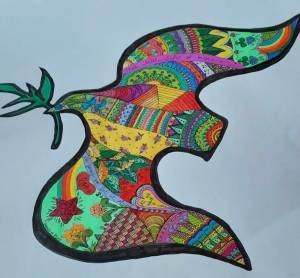 Use the provided paint supplies or bring your own pencils, pens, or other … and create a Peace Poster on Sunday Afternoon. This sample was created by Lauren Stokley. The posters will be used for the Ian Maksins Cello For Peace concert at the Rainforest Arts Center Sunday, May 21st.