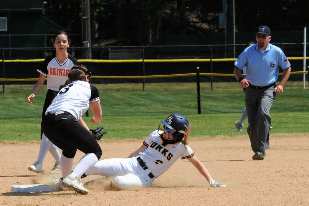 Spartan Kadie Wood steals second against Rainier who Forks defeated 6 to 2.