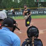 Spartan pitcher Chloe Gaydeski-St. John delivers the pitch to the Brewster batter during the Spartans first game of the State Softball tournament held over the weekend in Yakima. Forks defeated the Bears 13 to 5 and went on to place second in State. Catching is Kyra Neel and playing center field is Keira Johnson. Photo by Lonnie Archibald