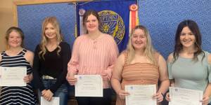 Soroptimist Scholarship recipients (left to right): Maren McCracken, Hannah Gates, Bridgett Jacobson, Allyson McCommon, and Riley Smith. Not pictured: Leslie Hernandez Beltran, Morgan Rule, and Kadie Wood.