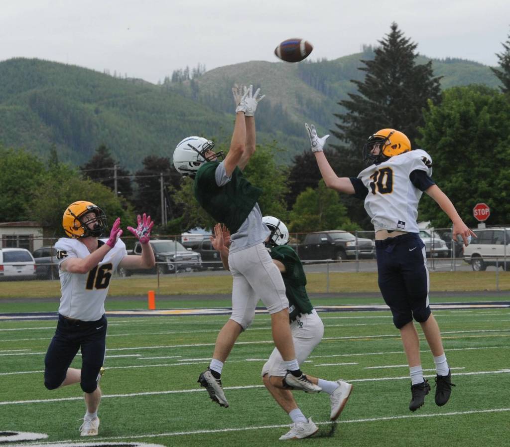 Spartan Landon Olson (10) leaps for an incomplete pass against the Roughriders. Also in on the action is Forks Gunner Rogers (16). Photo by Lonnie Archibald