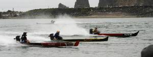 There were Rooster tails along the Quillayute Saturday as the outboard-powered dugout canoes took to the waters during the Quileute Days celebration. Photo by Lonnie Archibald