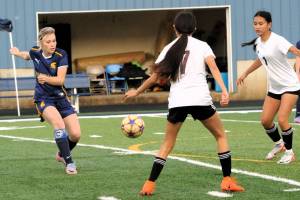 Spartan Miley Blanton controls the ball against South Bend-Raymond Tuesday, Sept. 26 at Spartan Stadium where the Ravens defeated Forks 3 to 1. Photo by Lonnie Archibald