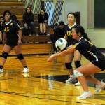 In 8th grade volleyball action, Spartan Molly Hampton hits. Also in the action are Sophia Calderon (45) and Katrina Clark (10). Stevens defeated Forks 3 to 0 in very close sets. Photo by Lonnie Archibald