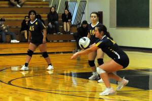 In 8th grade volleyball action, Spartan Molly Hampton hits. Also in the action are Sophia Calderon (45) and Katrina Clark (10). Stevens defeated Forks 3 to 0 in very close sets. Photo by Lonnie Archibald
