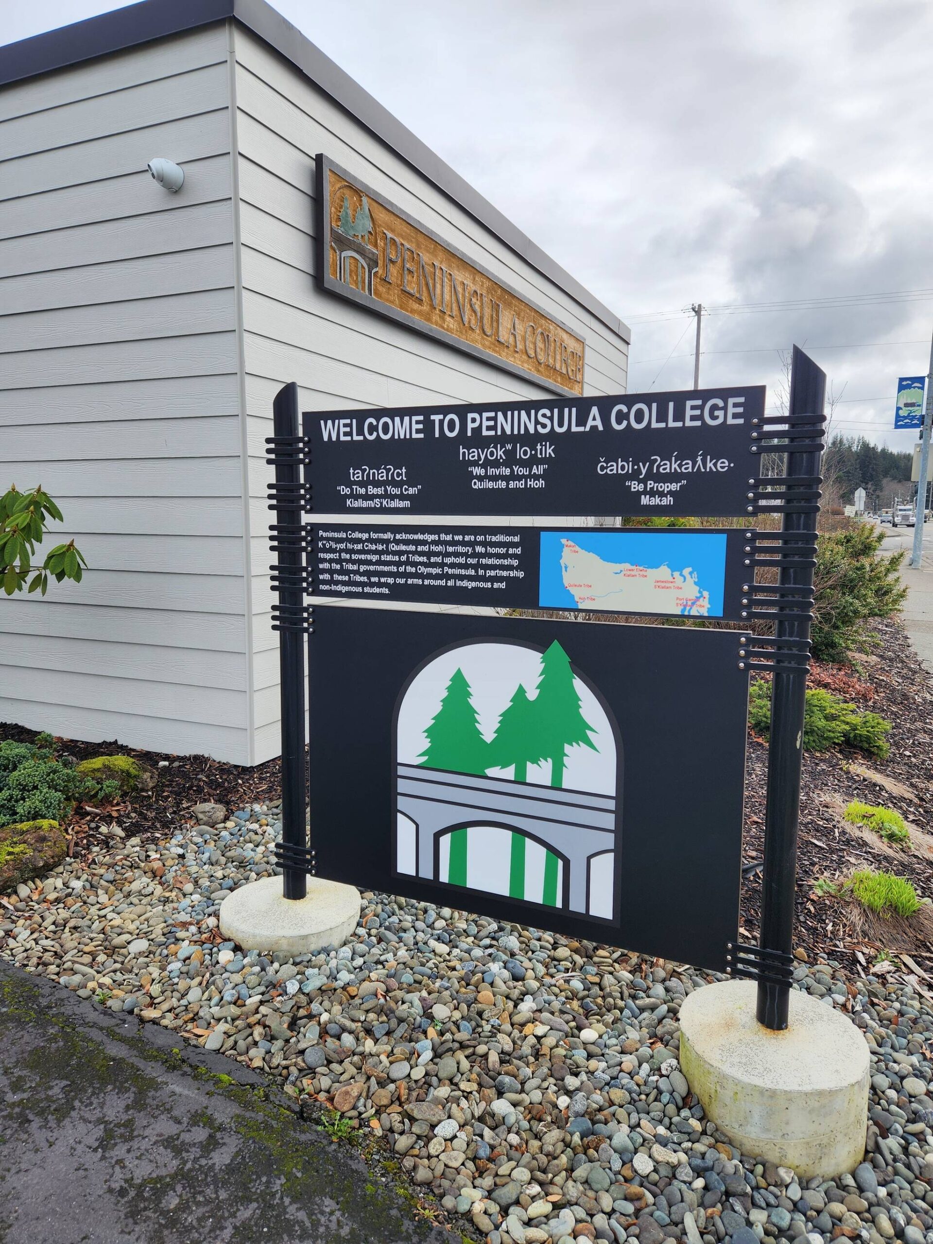 Peninsula College is proud to unveil culturally relevant wayfinding signs to further promote a sense of equity, inclusion, and belonging for everyone who visits campus. There are six signs at the Port Angeles campus and one at the Forks campus. The wayfinding signs were designed in collaboration with the Tribal Advisory Group which included Tribal representatives from the six Sovereign Nations that the college most directly serves: Hoh, Quileute, Makah, Port Gamble SKlallam, Jamestown SKlallam, and Lower Elwha Klallam. Submitted photo