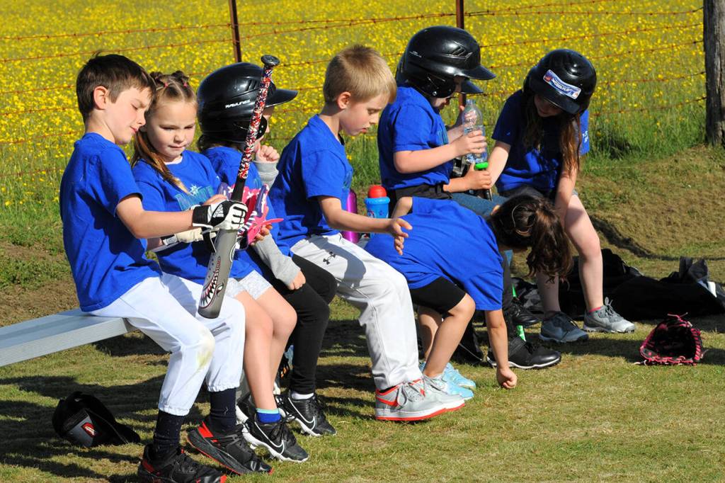Mariner power hitter Nick Hendrickson (far left) explains to teammate Elsie Erlenmeyer how he drilled and filled the tip of his bat with lead for harder hitting. Well maybe that wasnt the conversation but there was definitely a lot of talk while waiting their turn to bat. Photo Lonnie Archibald