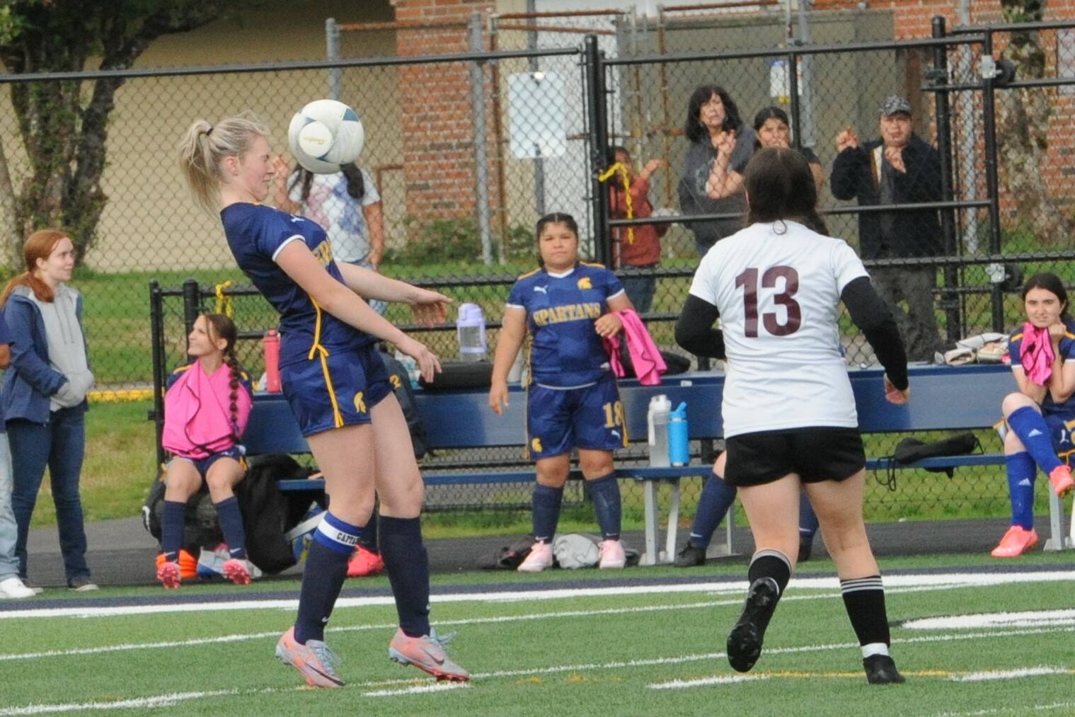 Forks Miley Blanton keeps her eye on the ball against Raymond-South Bend on Sept. 11 at Spartan Stadium where the Ravens defeated the Spartans 5 to 0 in this league contest. Photo by Lonnie Archibald