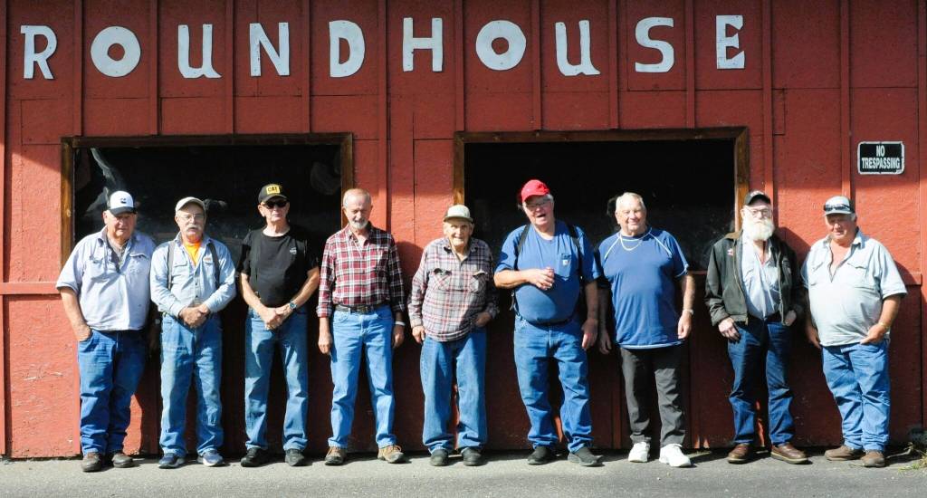 Pictured here are some of the retired truckers and loggers who gathered for the Logger and Trucker Picnic Saturday at the Roundhouse in Forks. From left are Barry Swanson, Pat Ruble, Richard Halverson, Rudy Drollz, Clark Browning, Pete Strom, Bob Reidel, Avery Bumgarner, and Dave Micheau. Can anyone calculate how many Man-hours these guys have worked? Photo by Lonnie Archibald