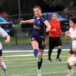 Spartan Molly Hampton controls the ball between Ilwaco players at Spartan Stadium where Forks defeated the Fishermen 4 to 0. Photo by Lonnie Archibald