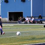 Spartan Miley Blanton kicks past the Ilwaco goalie for one of her three goals as Forks defeated the Fishermen 4 to 0 at Spartan Stadium. Photo by Lonnie Archibald