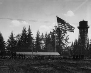Dobyns collection
The Naval Auxiliary Air Station (NAAS) Quillayute was dedicated in 1944. The station was used as a training center and coastal patrol station during World War II. Photo of the dedication day.