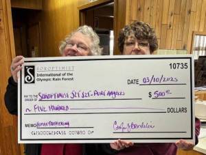 The ladies of Soroptimist International of the Olympic Rainforest (Forks) recently sent a $500 check to Soroptimist Jet Set of Port Angeles to assist with their project to help stop Human Trafficking. The two clubs working together see this as very important here on the peninsula and in our nation. Pictured with the check are Susie Brandelius and Diane Edwards.
Submitted photo