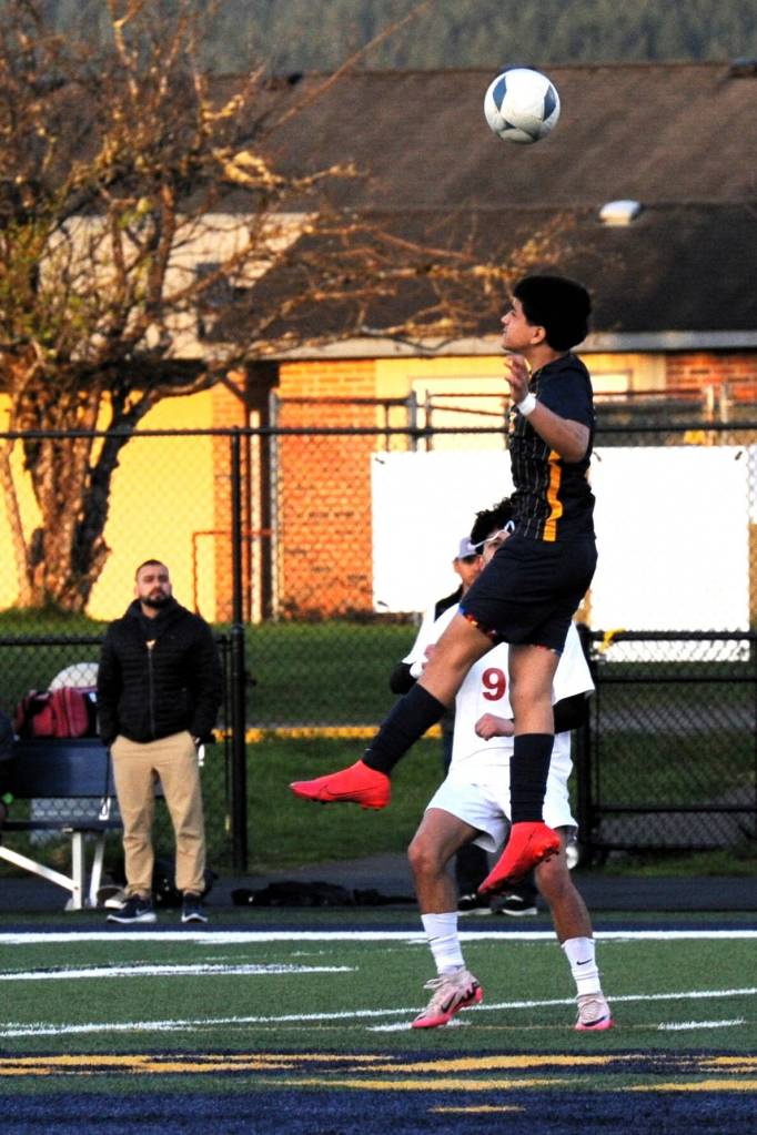 Forks Estevan Ramos demonstrates his jumping ability against Hoquiam as Forks defeated the Grizzlies 5 to 1.