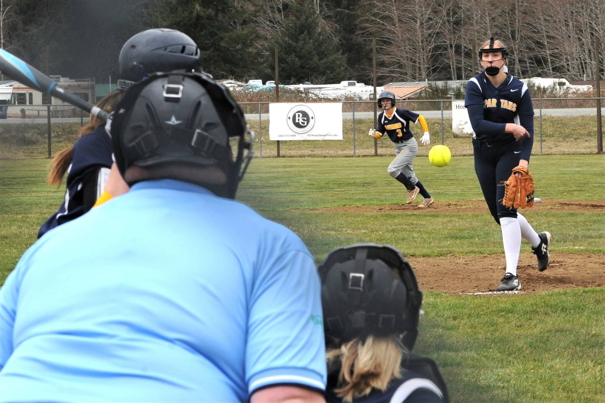 Photo by Lonnie Archibald
Ex-Spartan Chloe Leverington was selected to the Great Northwest Athletic Conference 2025 softball academic all-conference team. She pitches for St Martins College in Lacy, where she has a 13 and 1 record. Pictured here, she pitches against Ilwaco during her Forks High School career.