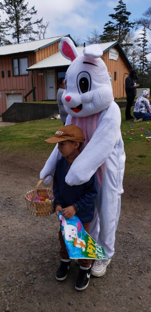 Easter Egg Hunts were also held at other West End locations on Saturday, including the First Baptist Church, the Beaver Grocery Store, and in La Push. Pictured here is Kaylani Miller, who portrayed the Quileute Housing Authoritys Bunny. Kaylani is a high school senior at the Quileute Tribal School. 
Submitted photo