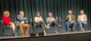 Photo by Mavis Amundson
Last Tuesday, April 22, the new Field Hall hosted a discussion of the current state and future of local news. The panelists, from left, are Emma Maple, Peninsula Daily News reporter; Brier Dudley, The Seattle Times columnist; Eran Kennedy, Olympic News Group publisher; George Erb, retired journalist and moderator; Rich Riski, Peninsula College instructor; and Brown Maloney, Radio Pacific owner.