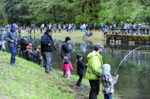 Photos by Lonnie Archibald 
Overall view of a few of those who ventured to the Bogachiel Rearing Pond Sunday for the Kids Fishing Day.