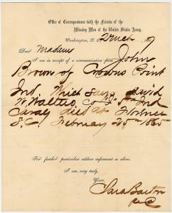 A note to a family from Clara Barton reporting the death of a loved one.