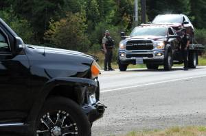 One vehicle involved in the two-vehicle accident sits along the westbound lane of Highway 110 with damage to the front passenger side while another vehicle was hauled away by a wrecker service. At the scene were the Clallam County Sheriff, Forks Police, LaPush Police, Forks Hospital EMT, and the Forks Fire Department. This area also saw another two-car accident on Tuesday. The Forks City Council has been discussing a speed reduction in this area. Photo by Lonnie Archibald