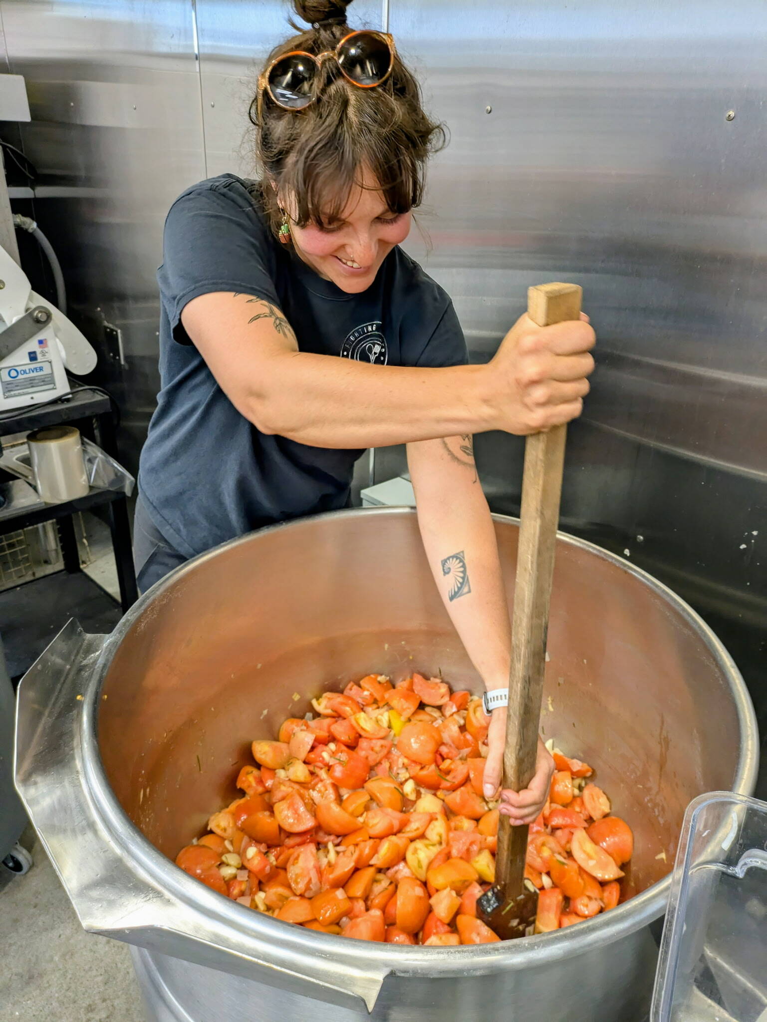 Danielle Carson making a big batch of tomato soup for freezing.