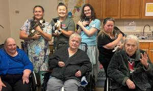 Five very friendly kittens came to play! These kittens were recently surrendered to FOFA, then spayed and neutered by Dr. Pat Dowell and all have moved on to their next chapter.
FOFA is made up of all volunteers and is funded entirely by donations and grants. If youd like to know how you can get involved please call 374-3332.
Pictured here are FOFA member and Extended Care (EC) Activities Coordinator Aleda Adams, FOFA President Shyliah Gorbett, EC employee Damaira Snell, and EC residents Virginia Manning, Sharon Graves, Thelma Morlin, and her daughter Joanie, who came for a visit.